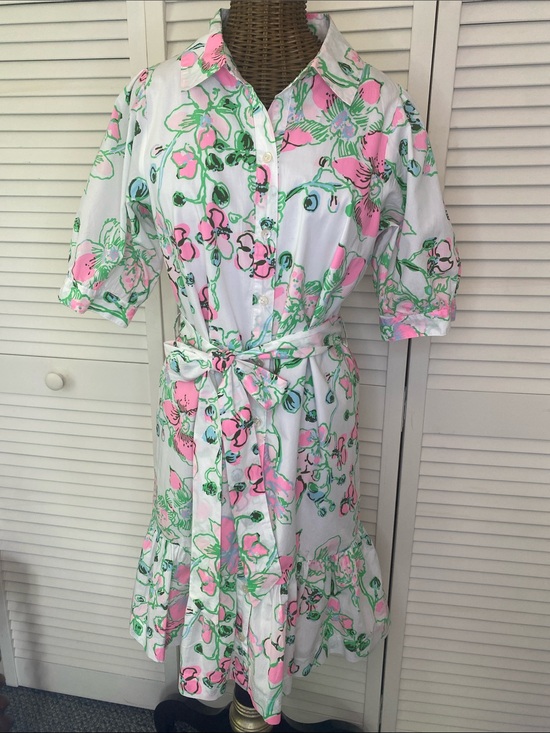 Lilly Pulitzer Dresses & Skirts - Lilly Pulitzer White Floral Button-Front Midi Dress with Pink & Green Print